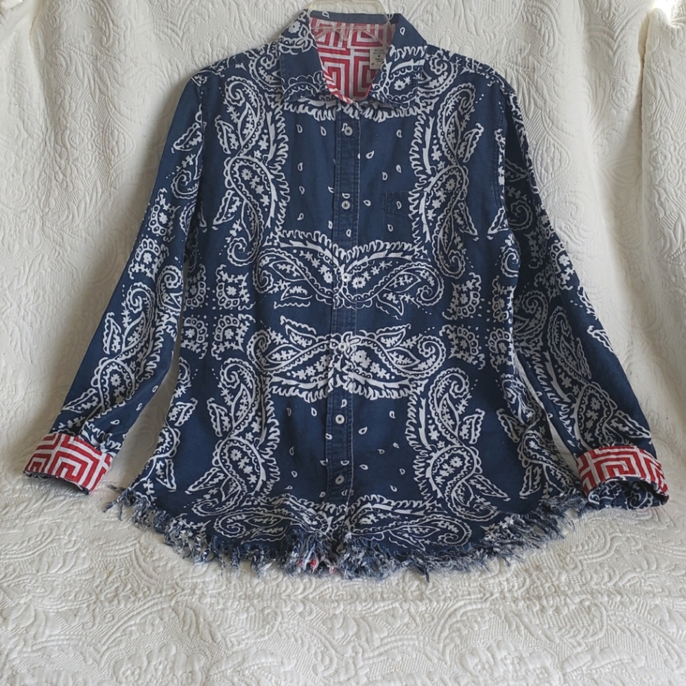Bandana Print Button Down Shirt w/ Fringe Bottom ECU